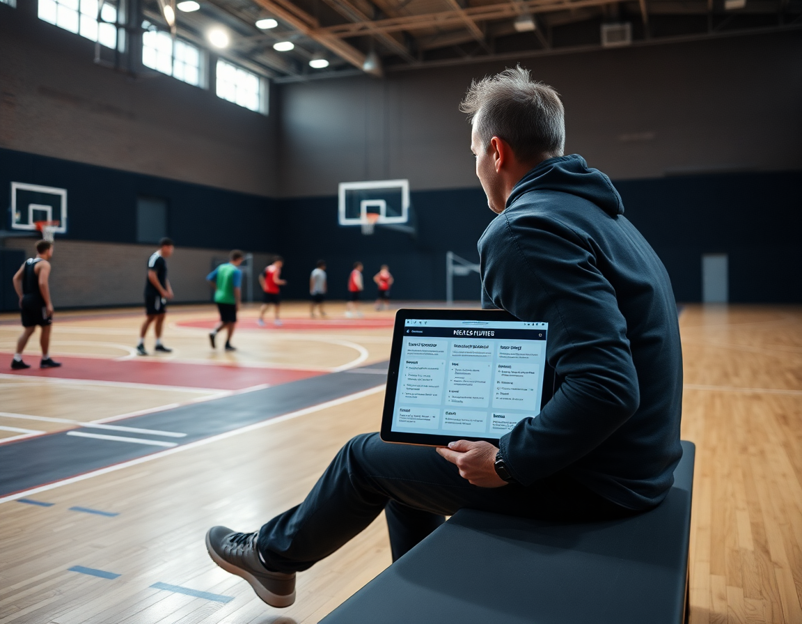 Vue latérale d'un entraineur basket consultant les ressources et coûts pendant l'entraînement.