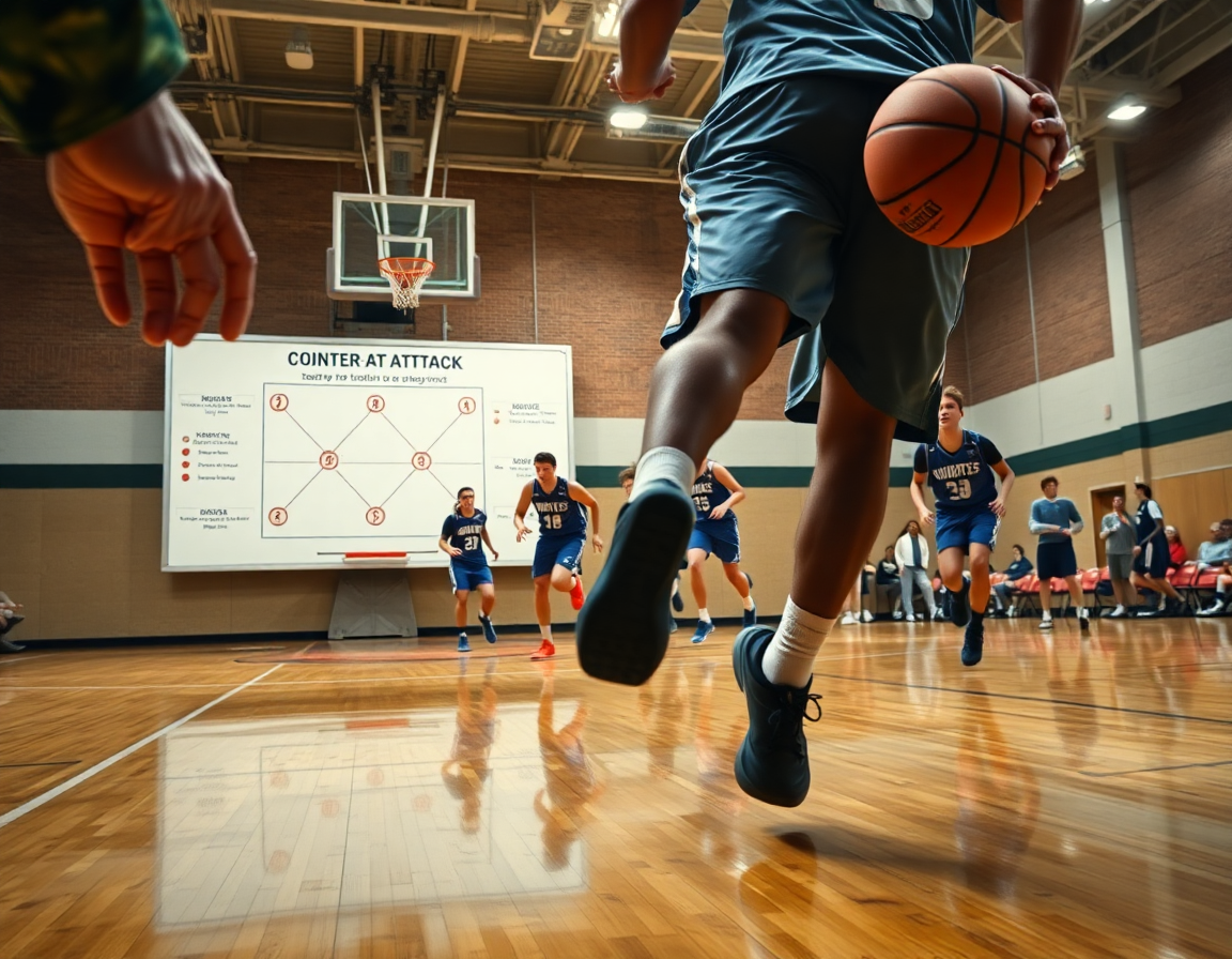 Plan serré sur le coach qui explique une contre attaque basket en anglais pendant l'entraînement.