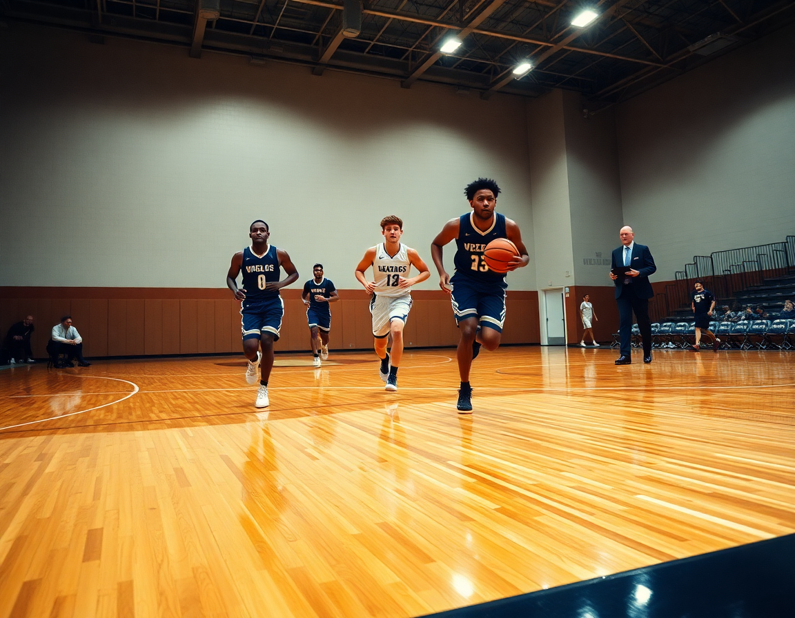 Gros plan sur les mains et la balle de basketball pendant une contre attaque basket en anglais.