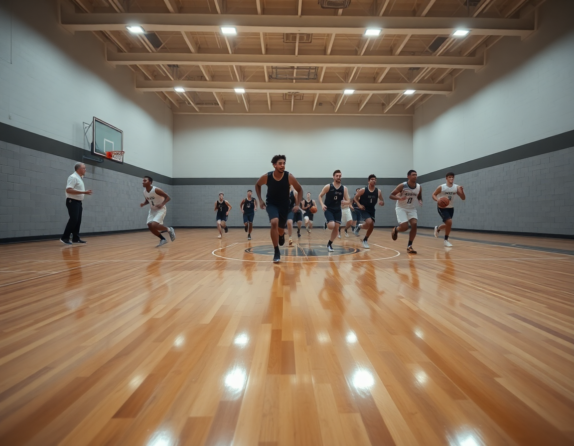 Plan large montrant une contre attaque basket en anglais en action sur le terrain.