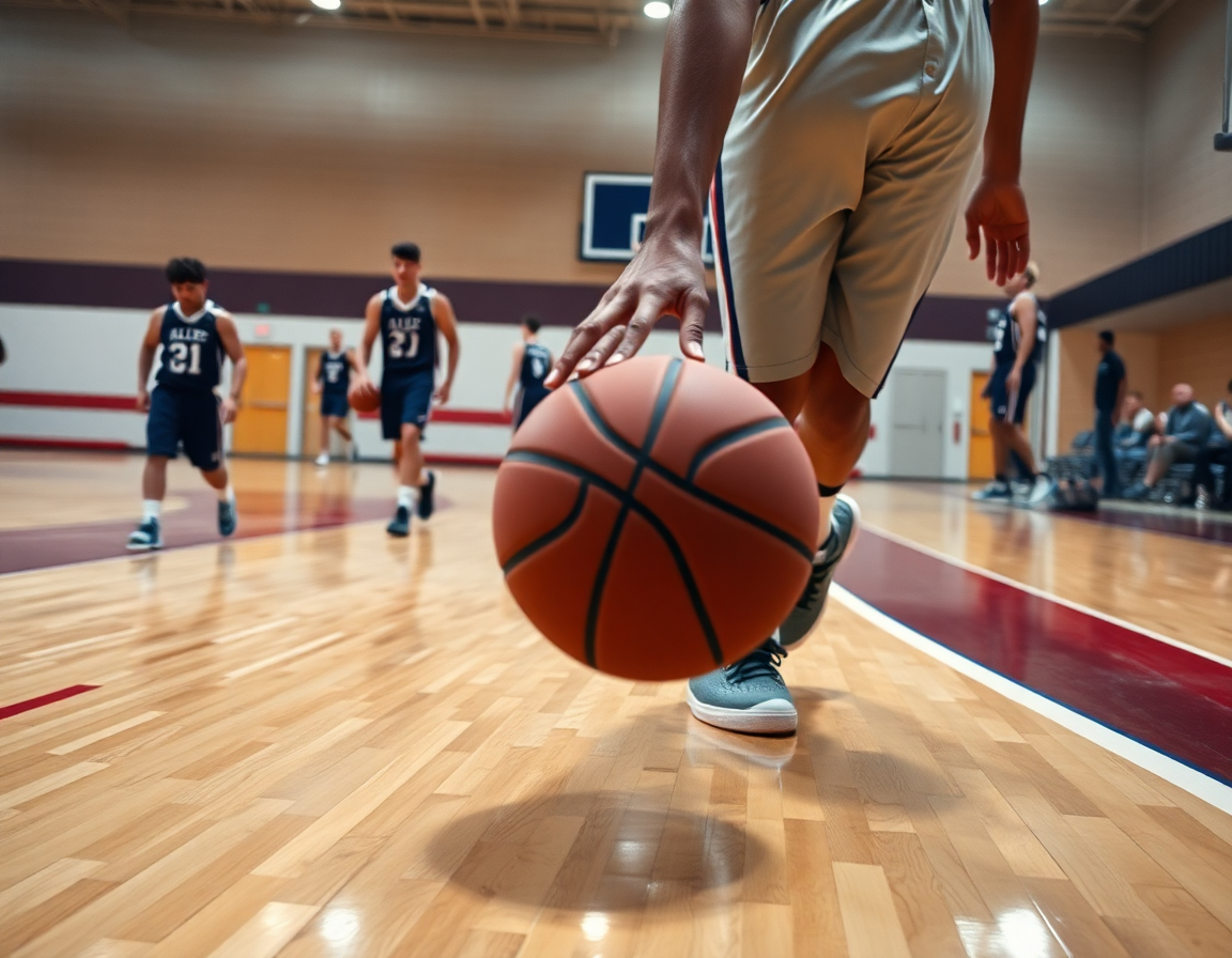 Contre attaque basket exercice: gros plan sur les mains et le ballon pendant la progression.