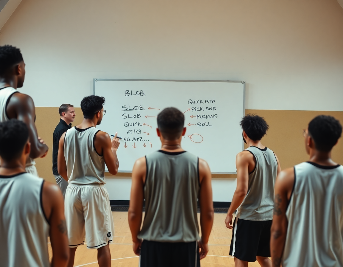 Plan serré sur le tableau blanc montrant BLOB et SLOB, avec ATO et PnR, dans une séance basketball.