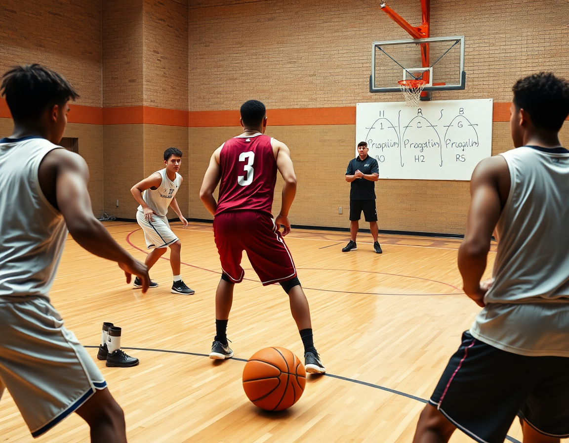 Défense basket exercice: gros plan sur des joueurs et un coach montrant les positions près du tableau.