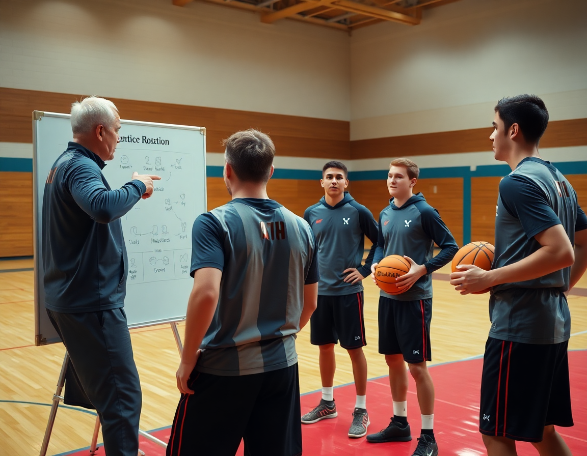 Défense basket exercice: coach montrant les rotations sur le tableau blanc devant des joueurs concentrés.