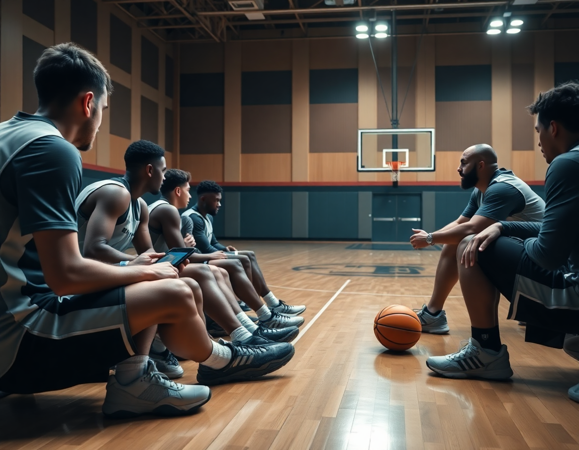 Défense basket exercice: analyse vidéo et échanges entre joueurs dans le gymnase.