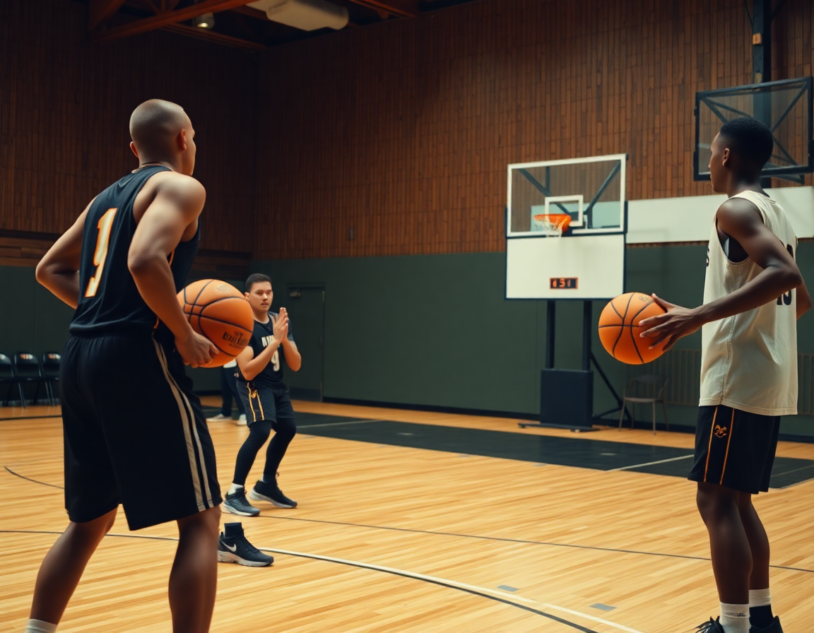 Gros plan sur une défense basket en action sur le parquet en bois, avec le ballon orange dans les mains d'un joueur pendant que l'entraîneur pointe vers le tableau blanc.