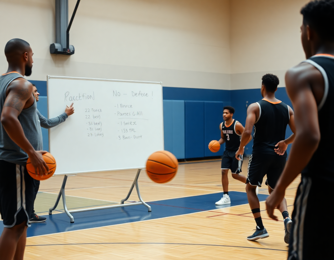 Plan moyen sur l'entraîneur dessinant une defense basket sur le tableau blanc pendant que les joueurs font courir le ballon orange.