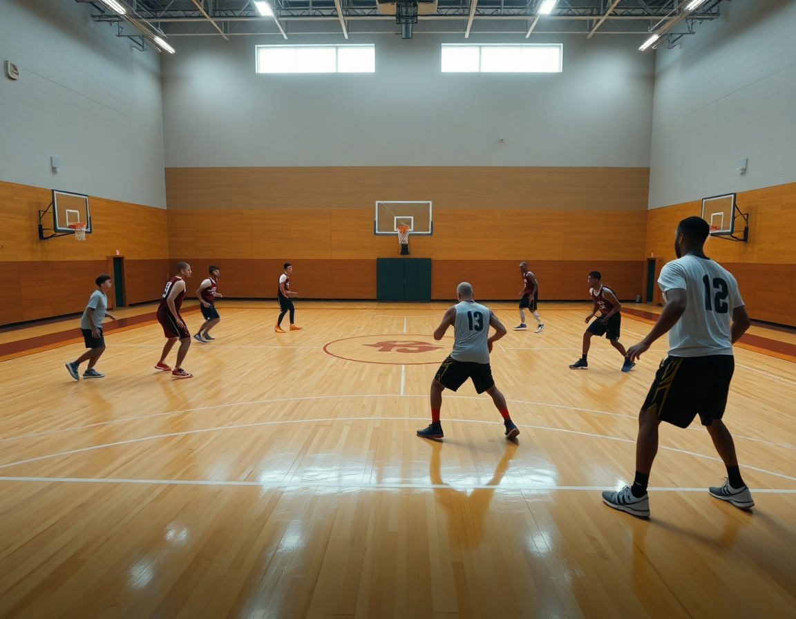Trois joueurs exécutent une défense basket sur le terrain, entraîneur guide depuis le bord.