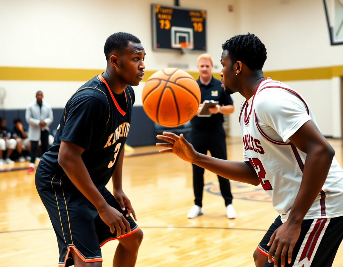 Plan rapproché sur deux joueurs de basketball en défense dans un defense basketball drill guidés par le coach.