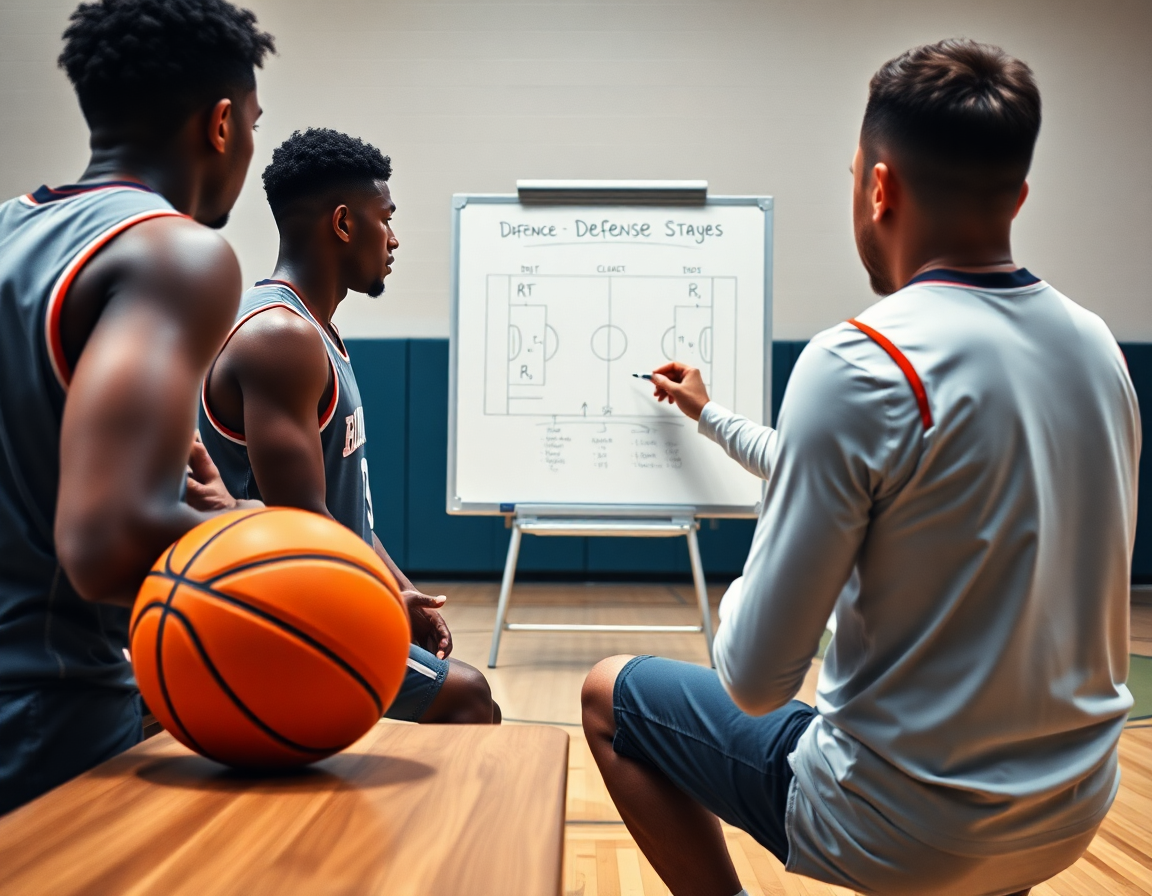 Plan rapproché sur l'entraîneur dessinant un defense basketball drill sur le tableau blanc pendant que trois joueurs écoutent.