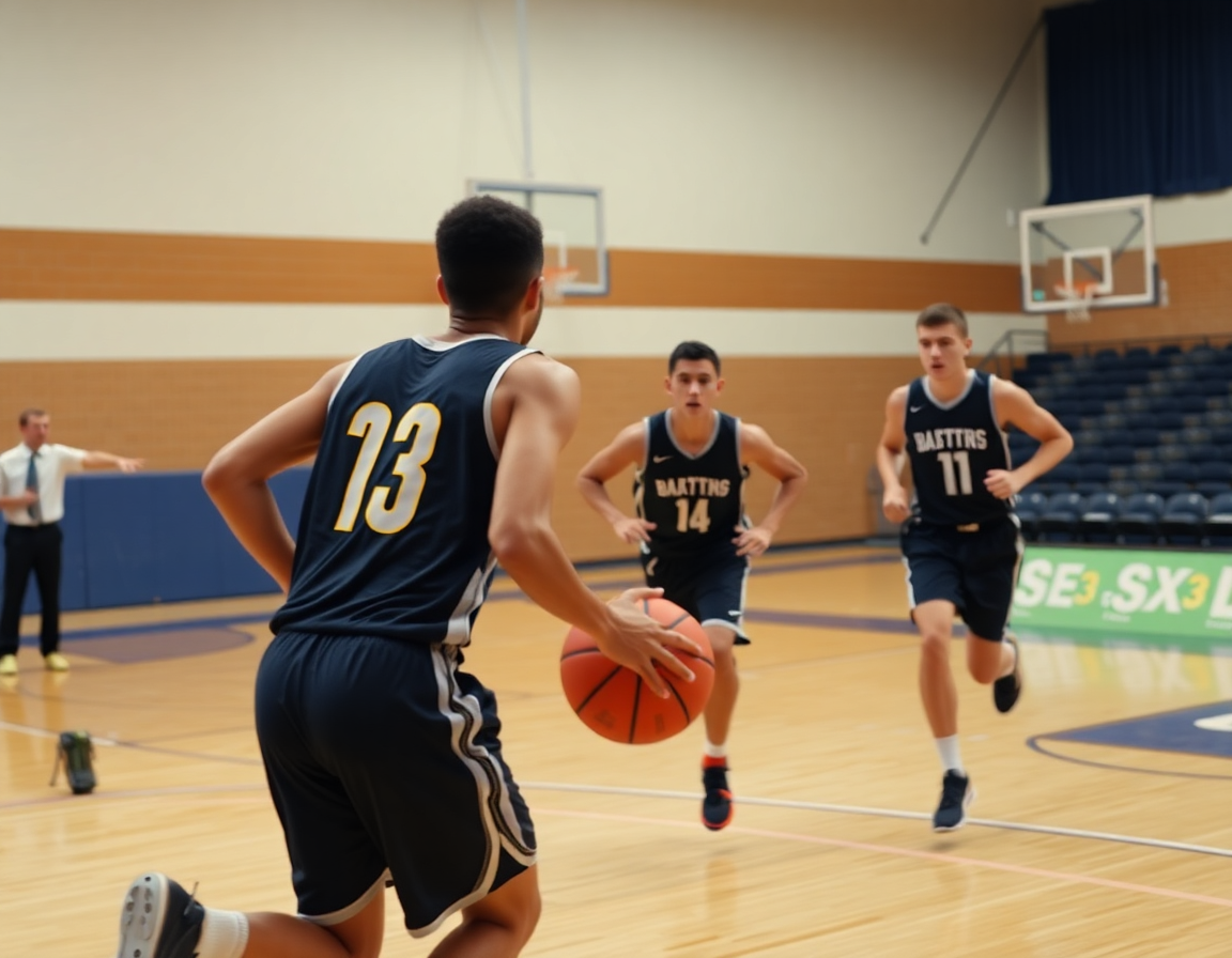 Trois joueurs se précipitent dans un fast-break defense basketball drill près du milieu; coach signale.