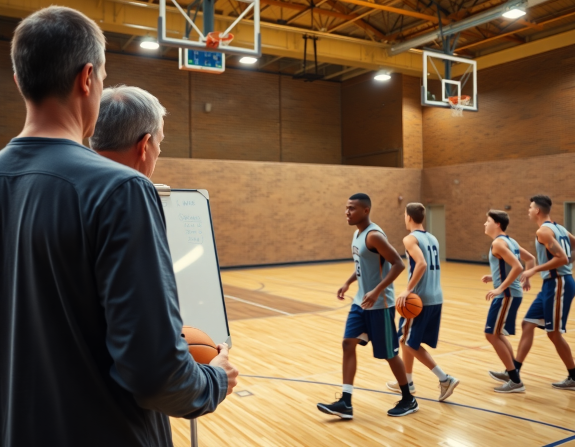 Plan latéral: coach et joueurs exécutent une défense pratique sur le basketball avec le tableau.