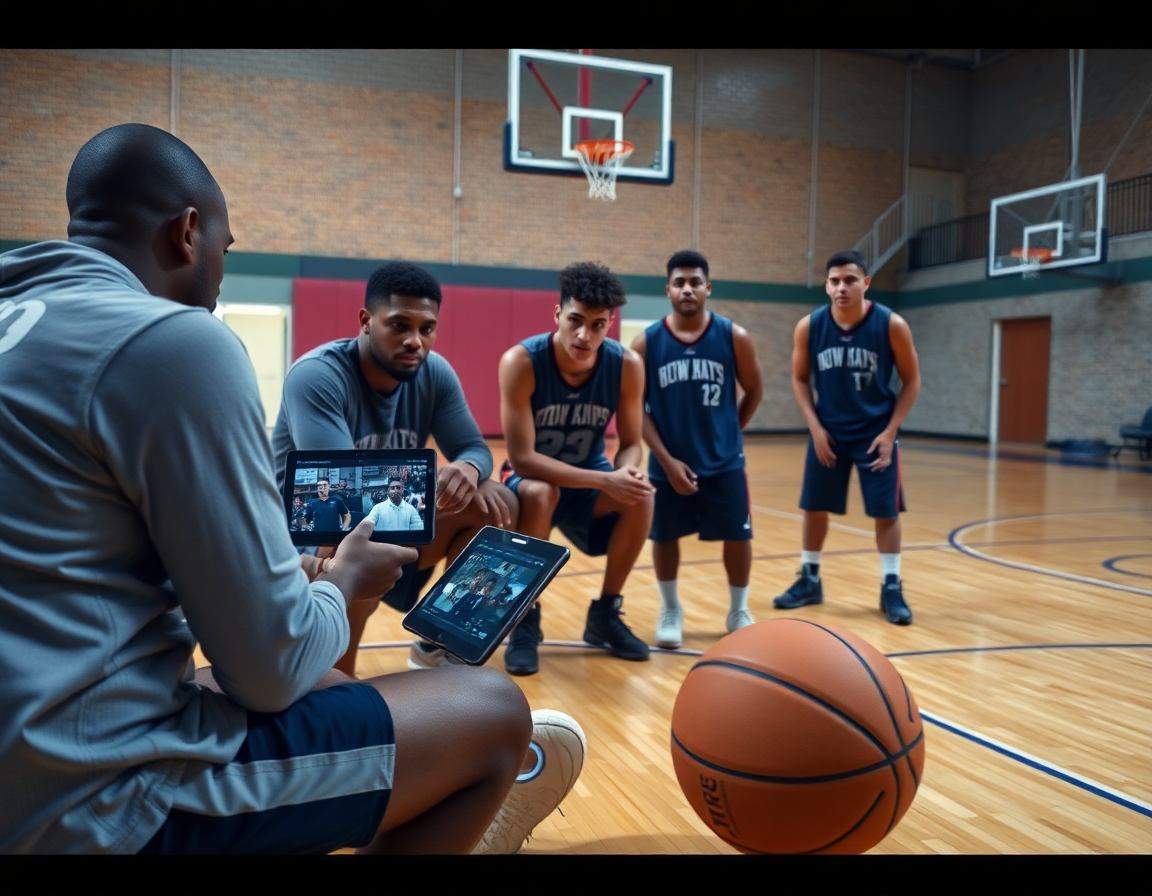 Après l'entraînement, l'équipe consulte defense basketball quotes sur une tablette près du basketball court.
