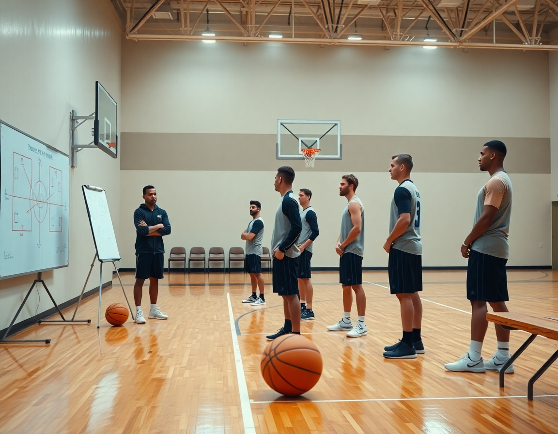 défense de zone basket: une séance pratique avec coach et joueurs concentrés.