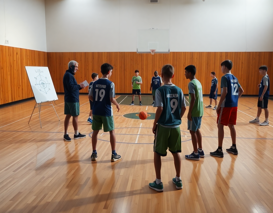 Équipe U13 en défense en zone basket u13 pendant un drill sur le haut du parquet.