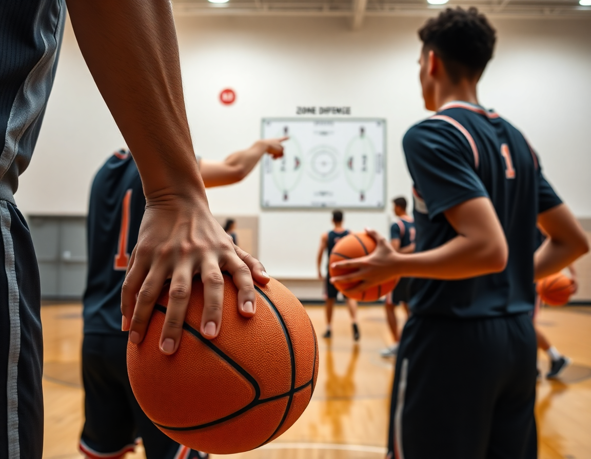 Dans un gym bien éclairé, les joueurs U13 exécutent passes et rotations en défense en zone basket u13.