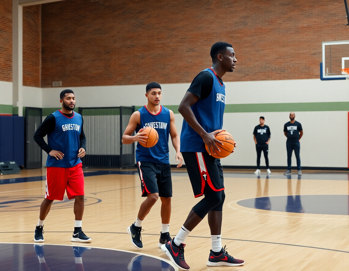 Deux joueurs en tenue de basket pratiquent le mouvement dans le 1-3-1 près de la ligne.