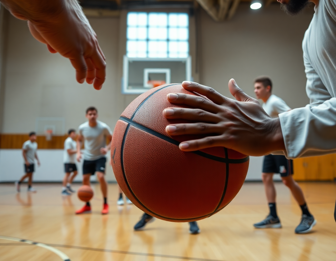 Gros plan sur les mains et le ballon pendant une action ecran basket u15 près du cercle.