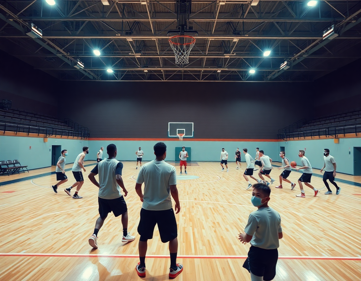 Vue d'ensemble d'un entraînement ecran basket u15 sur le court, intensité et mouvement.