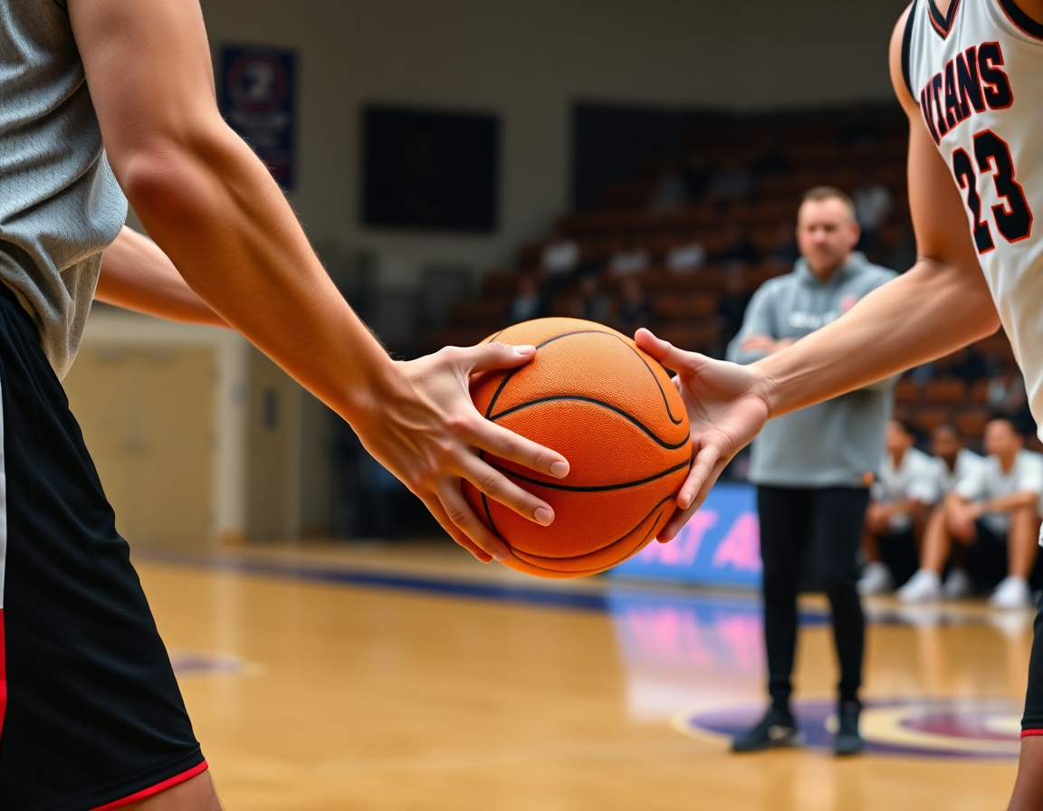Gros plan sur les mains et le ballon dans un entrainement basket attaque de zone, échanges rapides.