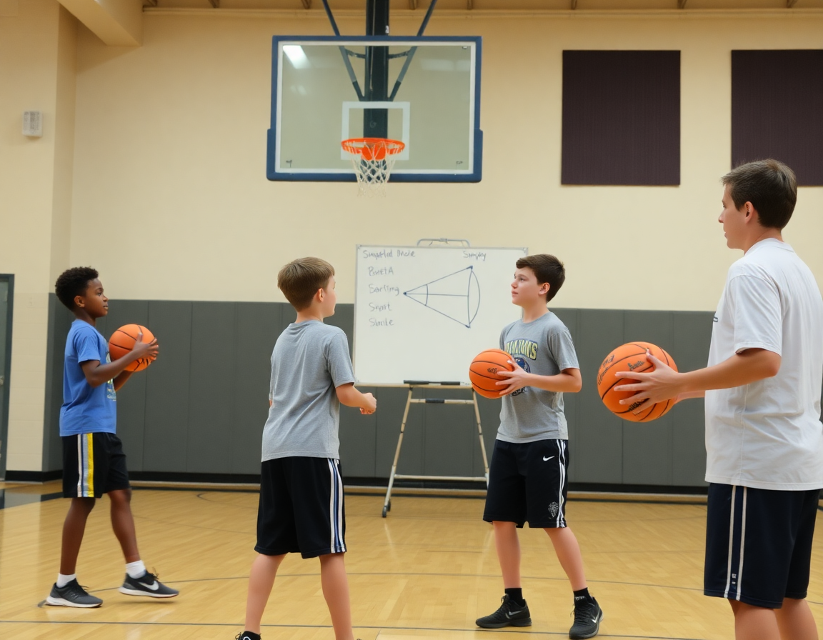 Plan serré d'entrainement basket baby avec deux jeunes joueurs, dribble et passe près de la clé.