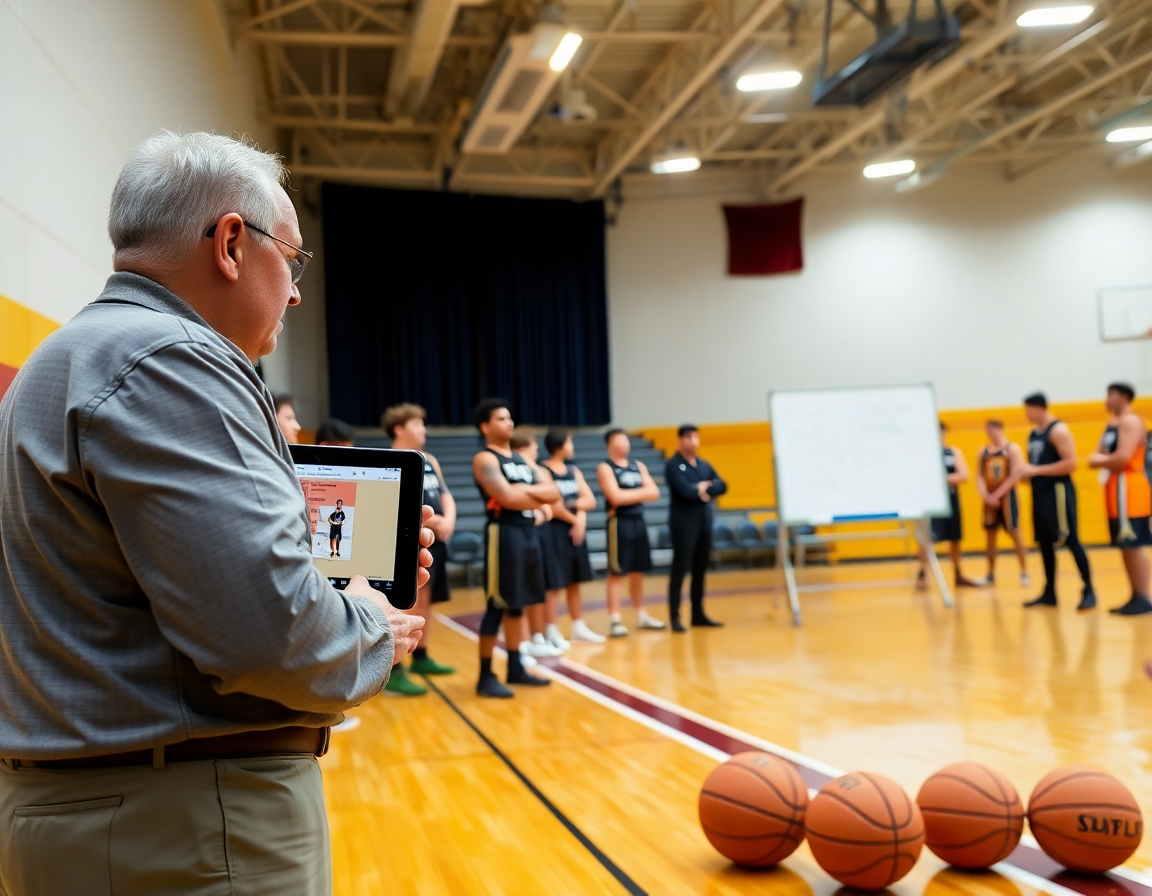 Plan serré sur la tablette montrant un clip de basketball, coach et joueurs autour du tableau.