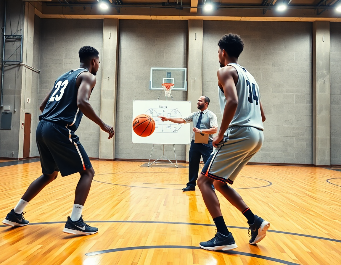 Plan rapproché d'un entrainement basket defense individuelle avec deux joueurs et coach