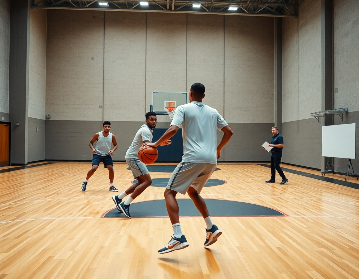 Plan visuel montrant entrainement basket defense individuelle, coach dessine les rotations sur un tableau blanc