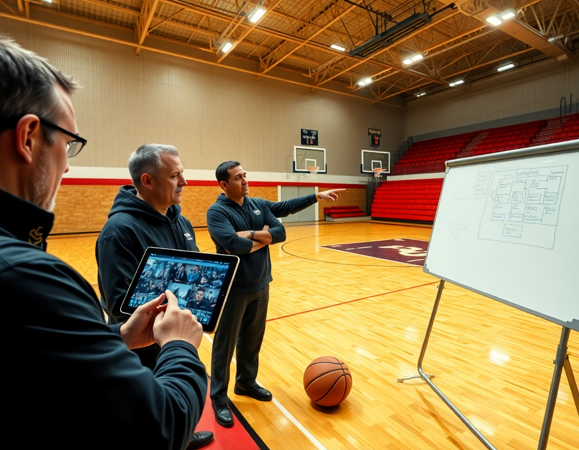 Entrainement basket enfant: coach et joueurs consultent une tablette près du banc, plan tactique visible.