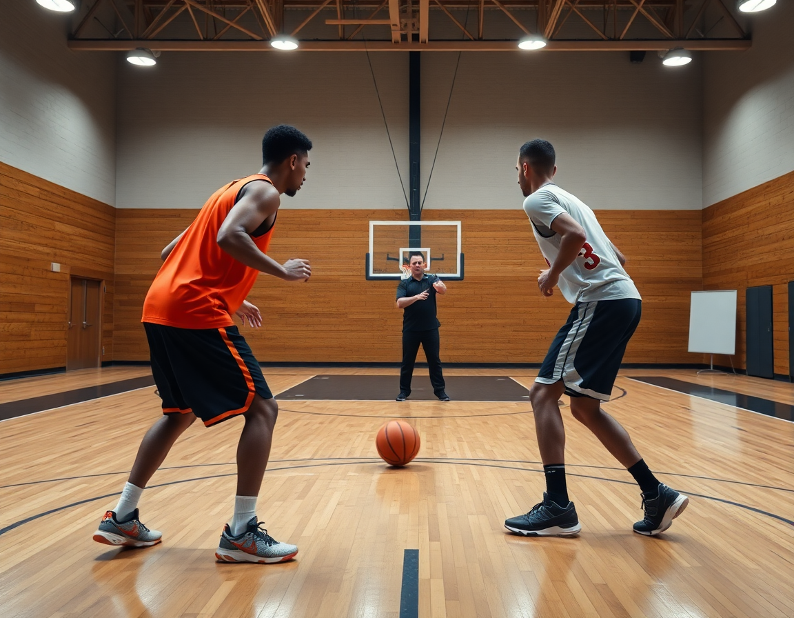 Plan serré sur deux joueurs sur le terrain et l'entraîneur avec un tableau, entrainement basket gratuit.
