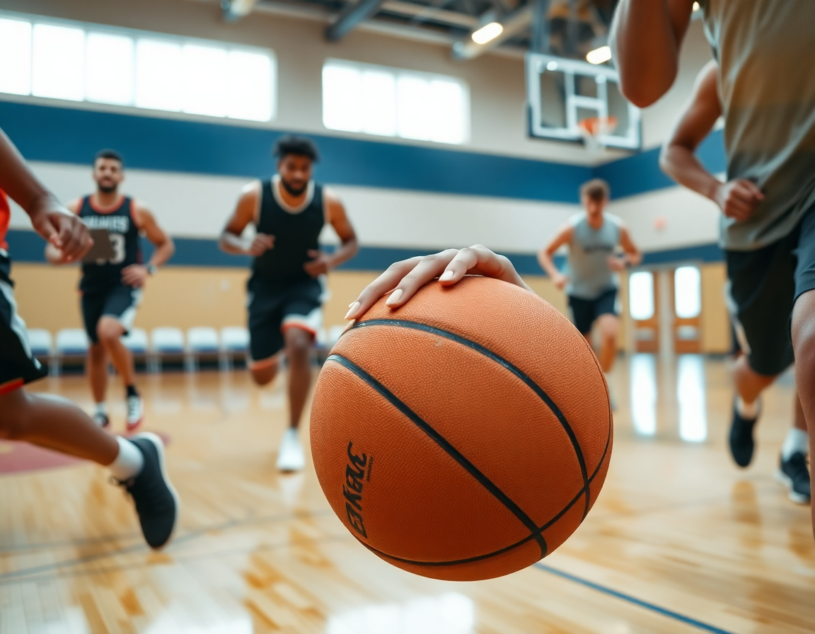 Premier plan sur les mains tenant une balle, entrainement basket gratuit, sur un sol en bois.