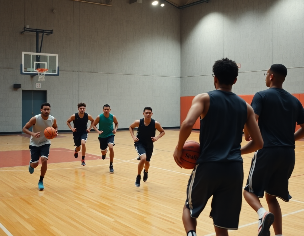 Vue d'ensemble des joueurs courant un demi-terrain, entrainement basket gratuit entre coach et équipe.