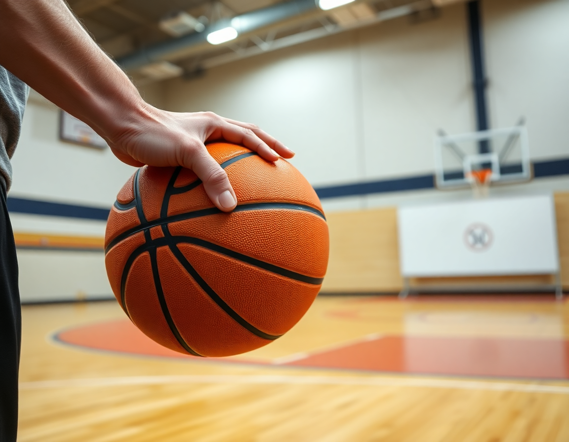Gros plan sur les mains tenant un basketball orange pendant l entrainement basket jeu rapide sur le parquet.