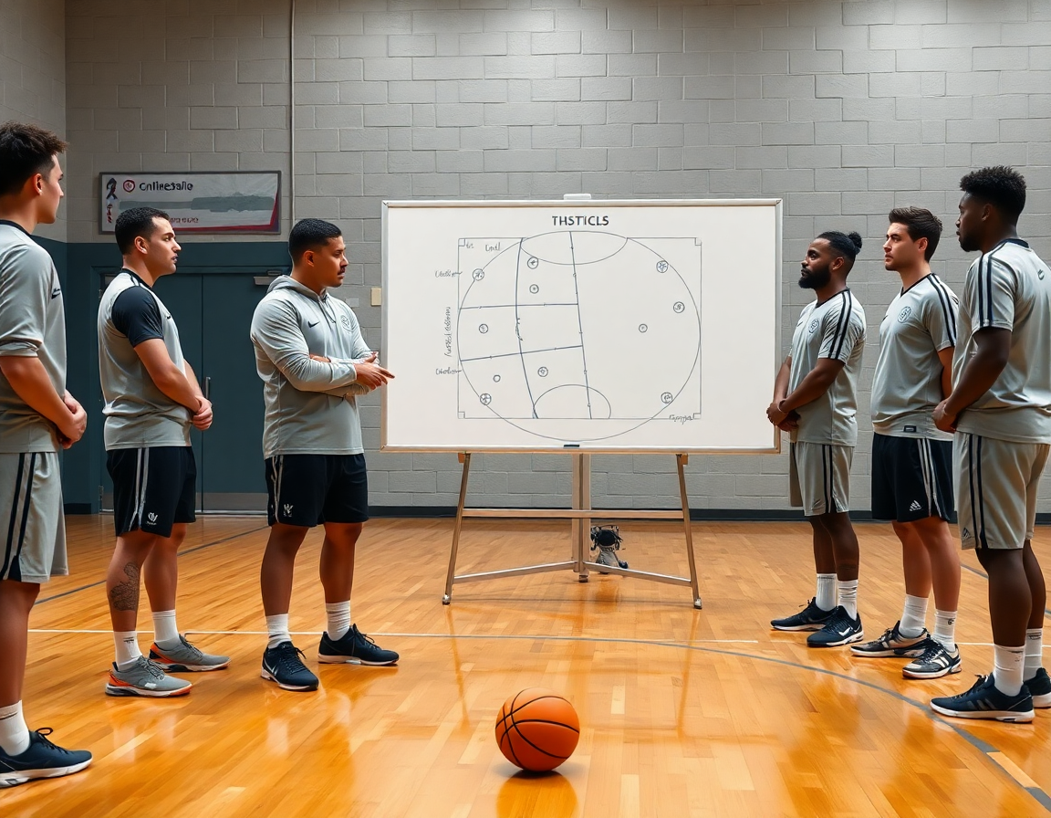 Plan rapproche sur le coach pointant le tableau tactique durant l entrainement basket jeu rapide sur le parquet.
