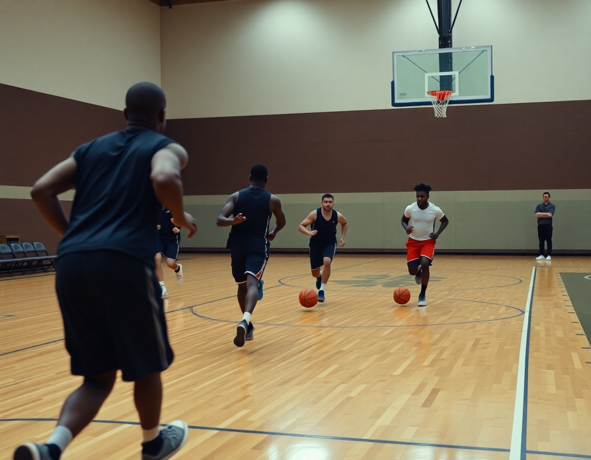 Vue large du groupe courant sur le parquet, basketball orange en main, durant l entrainement basket jeu rapide.