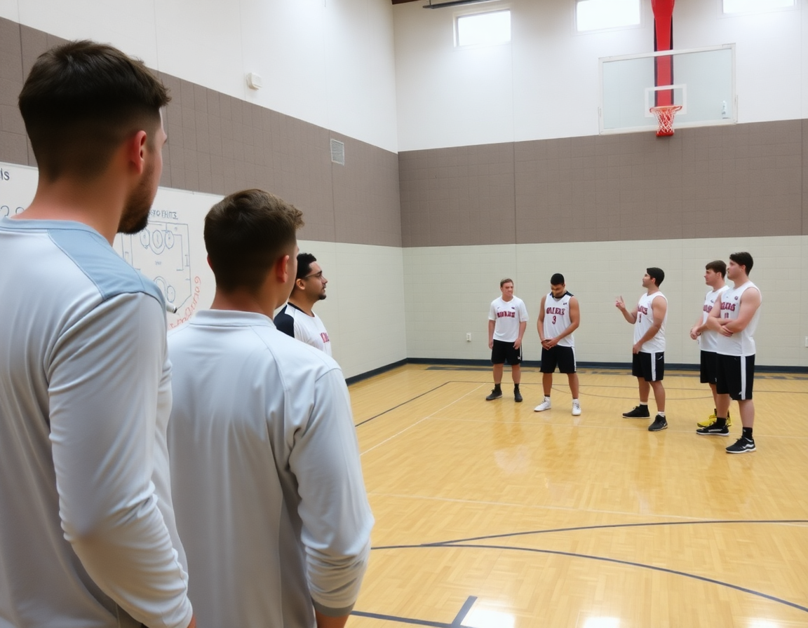 Conception tactique: coach et joueurs analysent les jeux sur tableau durant l'entraînement basket jeu.