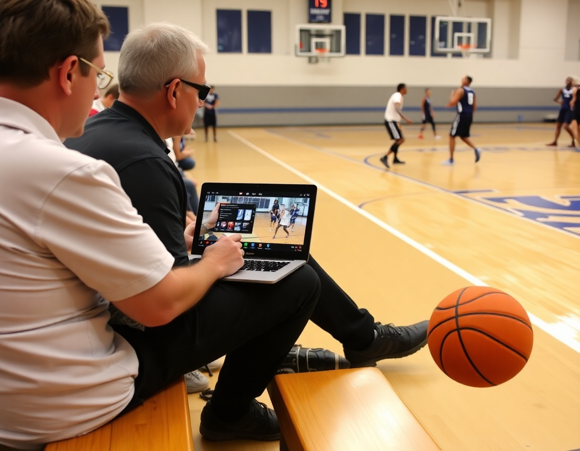 Gestion des clips et playlists pour l'entrainement basket jeu: coach vérifie les clips sur écran.