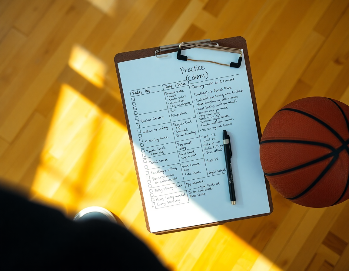 Coach's weekly practice plan on a clipboard