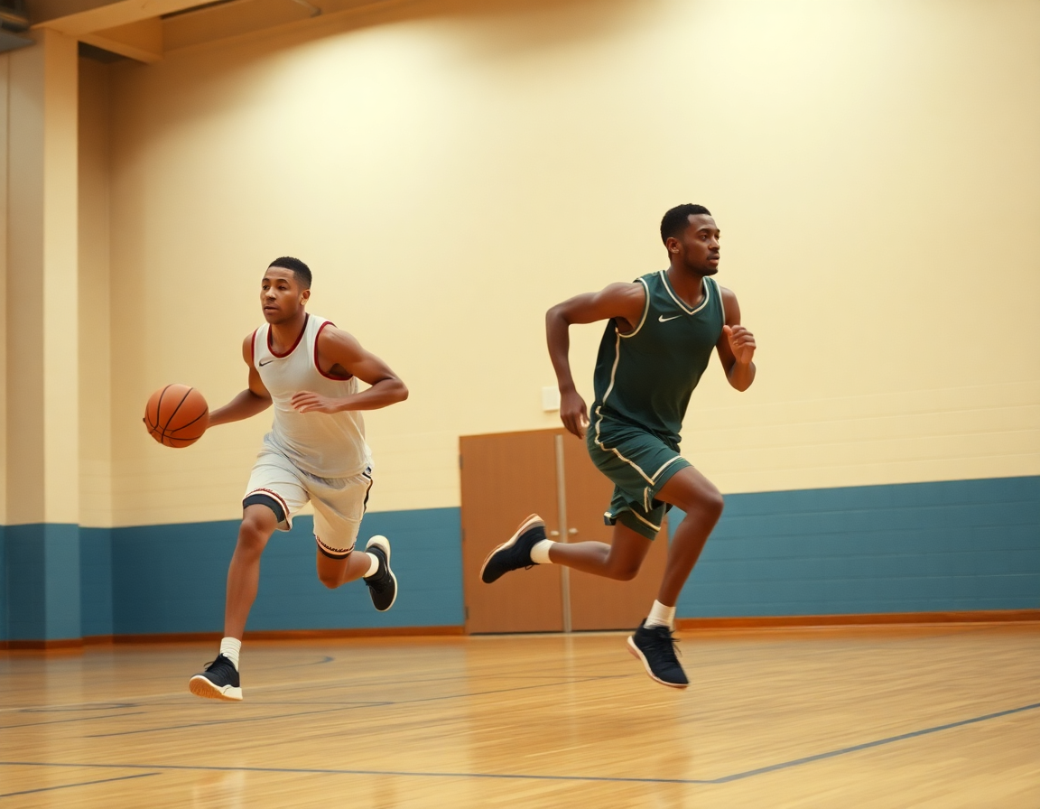 Players running a fast-break drill in practice