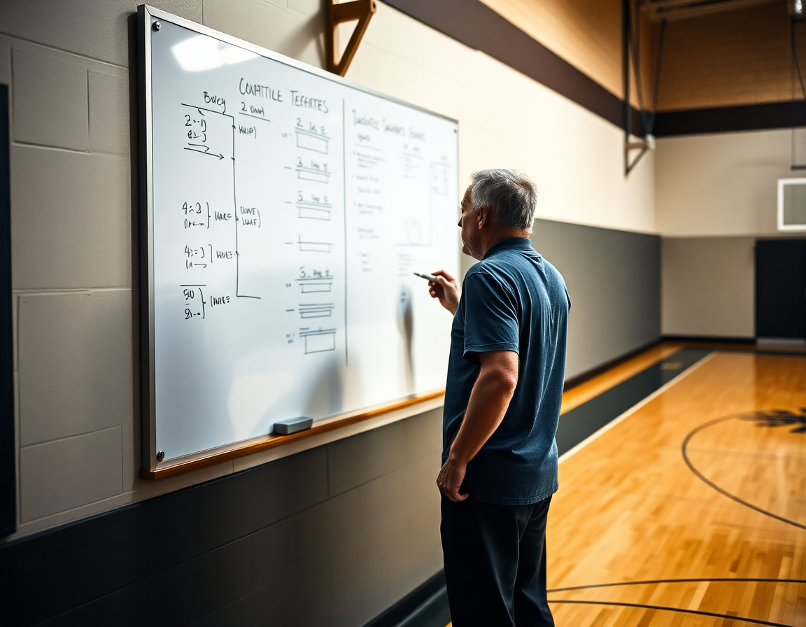 Coach explaining tactics on a gym whiteboard