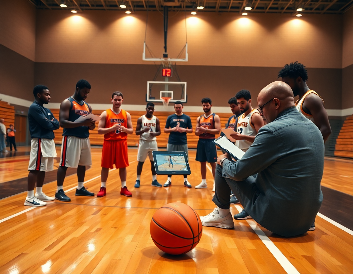 Vue intime d'un entrainement basket pour debutant avec coach et notes sur le clipboard.