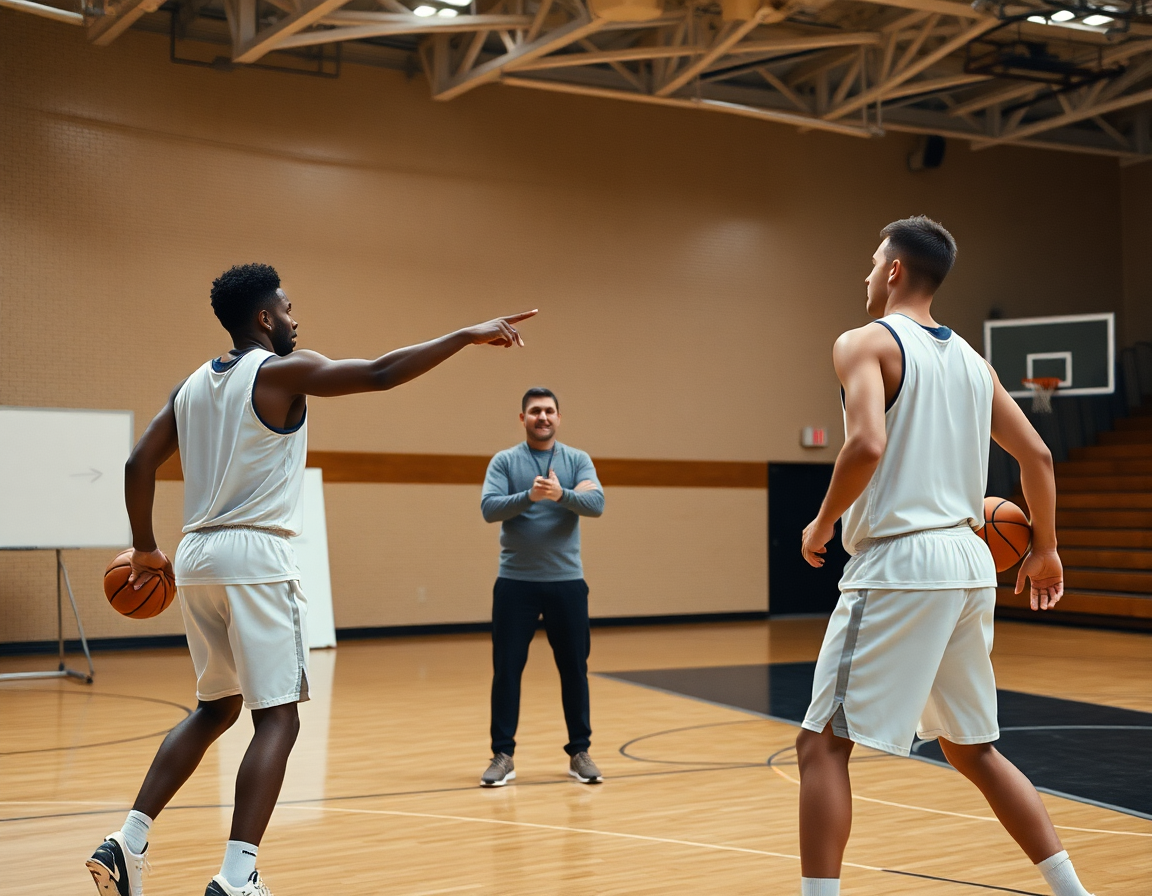 Dans entrainement basket reprise, deux joueurs réalisent un drill sur le parquet pendant que le coach dirige.
