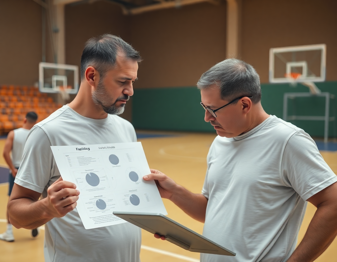 Le coach consulte un tableau tactique et une tablette pendant un drill basketball sur le terrain, basketball.