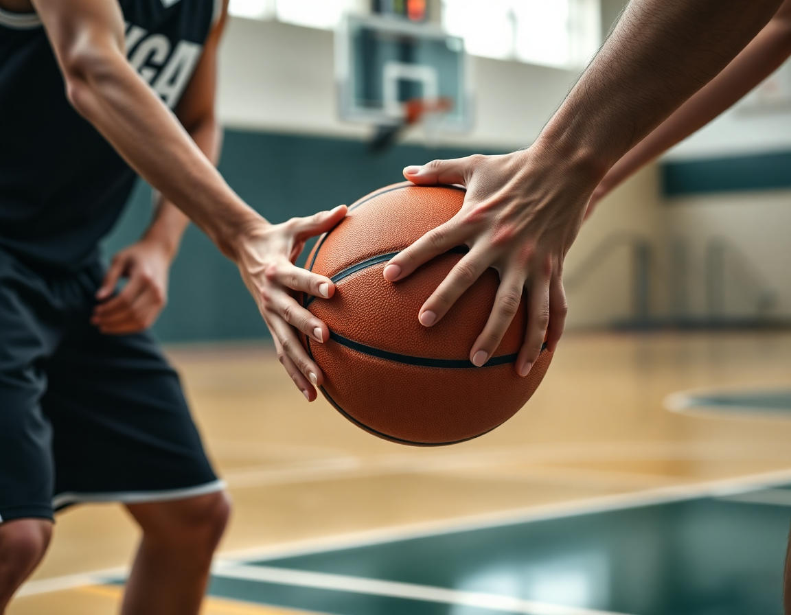 Plan serré sur les mains manipulant une basketball lors d'un drill sur le terrain de basketball.