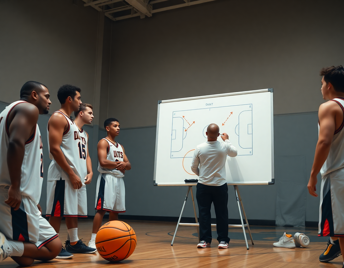 Plan tactique sur whiteboard et diagrammes: entrainement basket seniors filles en action sur le parquet.