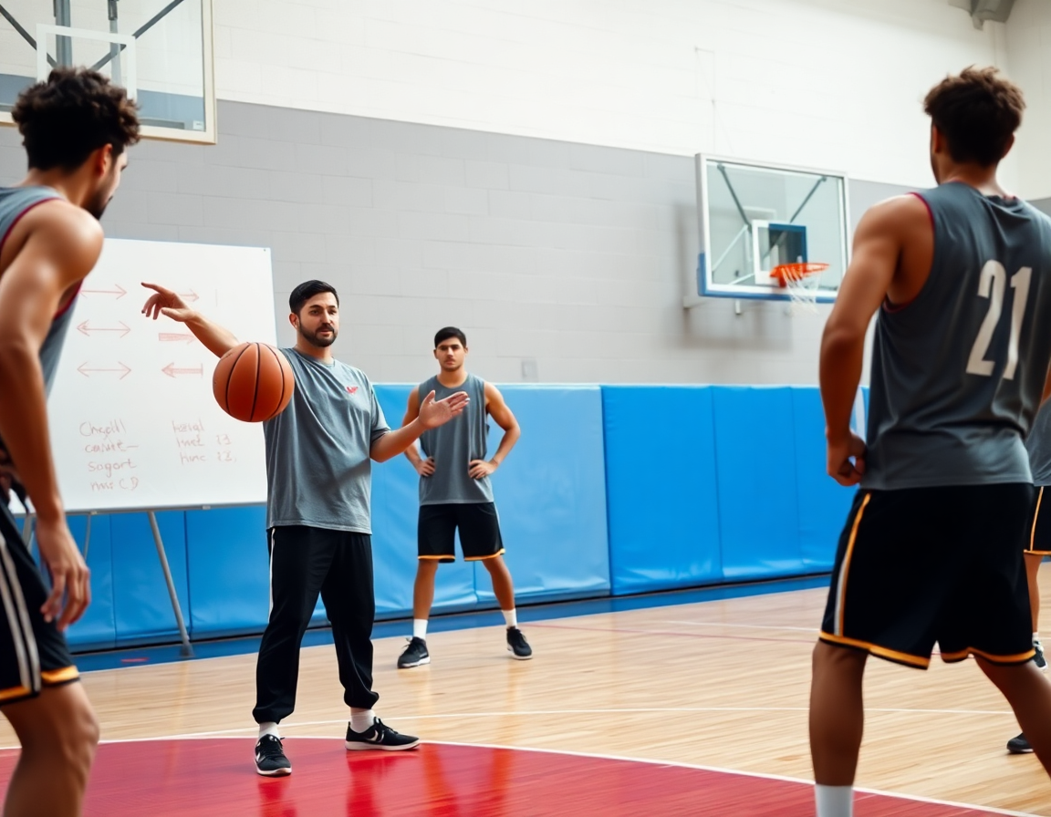Plan serré sur l'entraînement basket u11 défense: coach et joueurs en mouvement pendant le drill.