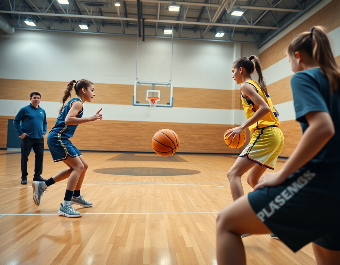 Deux filles entrainement basket u15 filles près du haut de la clé, coach sur le bord avec carnet.