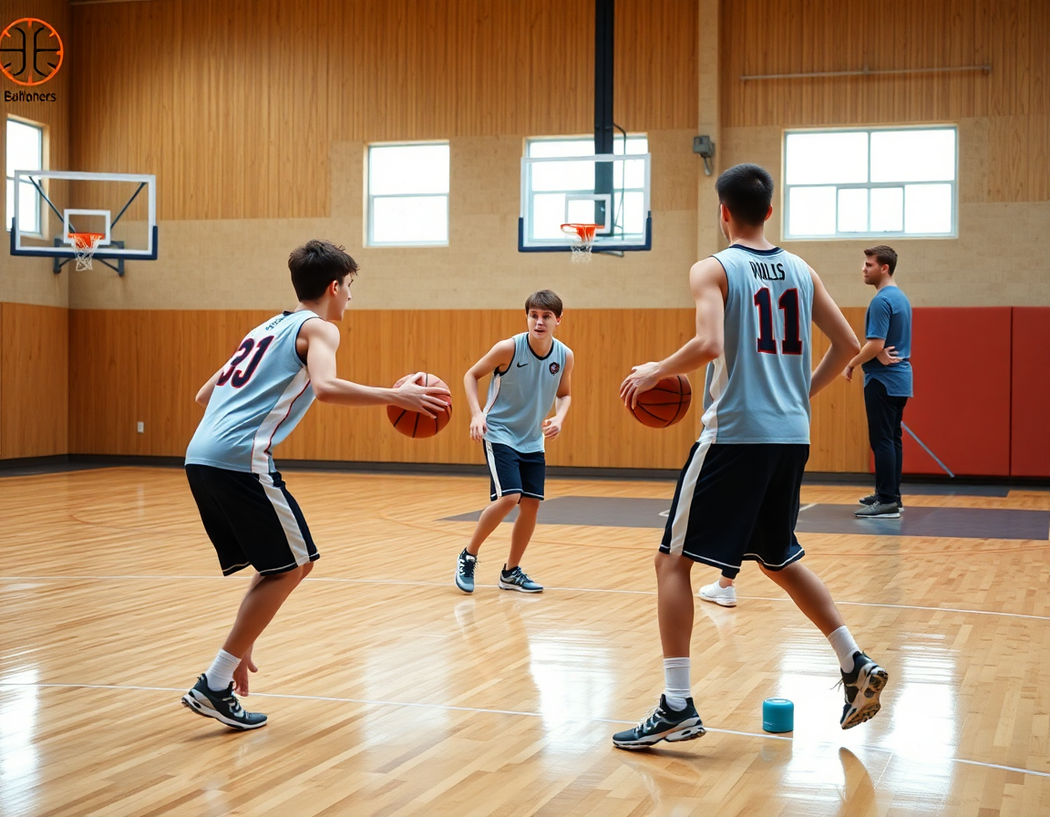 Exemple d'entrainement basket u15 jeu rapide en trio sur le parquet, coach coordonnant.