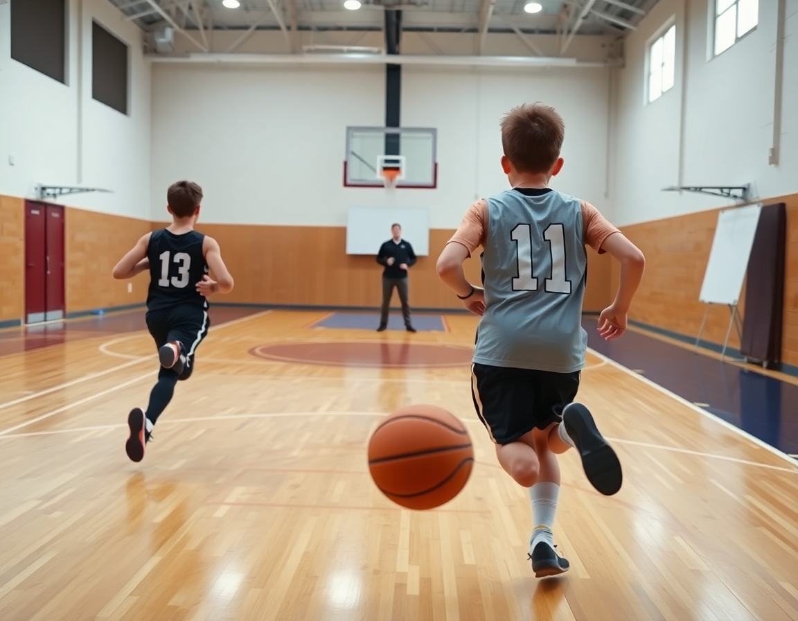 Remise en jeu rapide près de la ligne de fond, entrainement basket u15 jeu rapide, coach guidant.