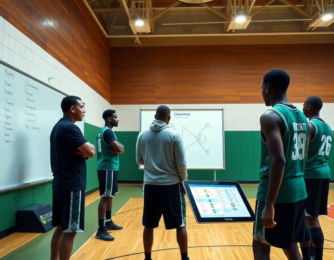 Coach explique le planning et les séquences de l'entraînement basket u17 pdf dans la salle.